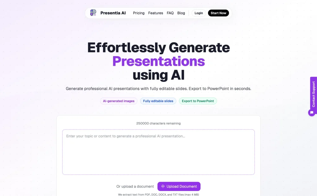 The Presentia AI homepage