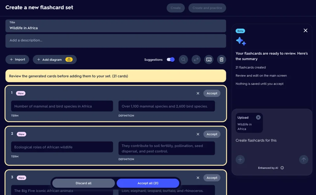 Reviewing AI-generated flashcards in Quizlet before accepting them