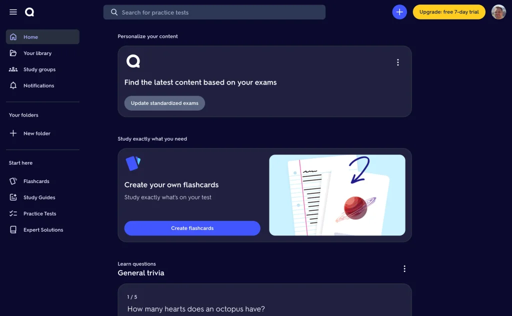 Quizlet dashboard with the Create your own flashcards option