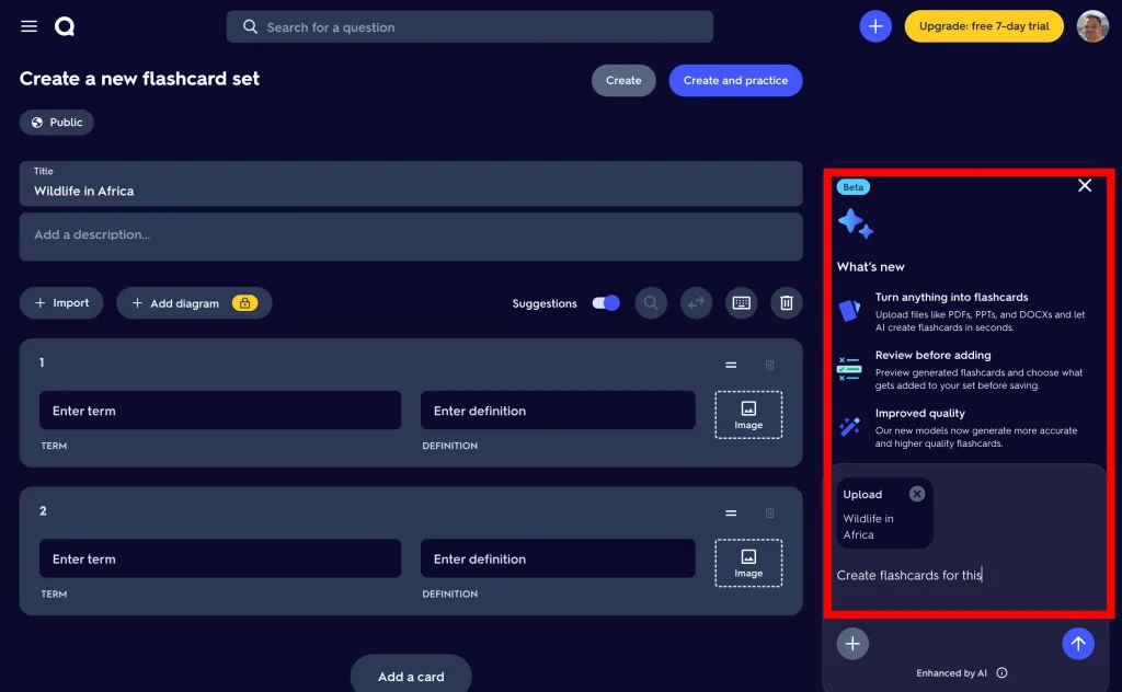 Quizlet AI assistant turning an uploaded document into flashcards