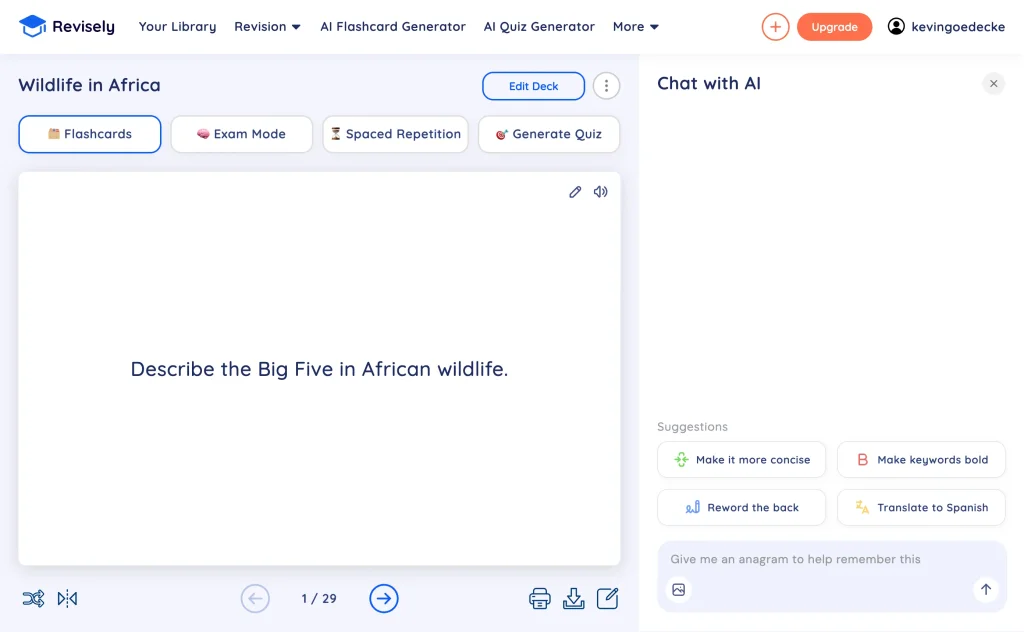 Reviewing an AI-generated flashcard deck in Revisely