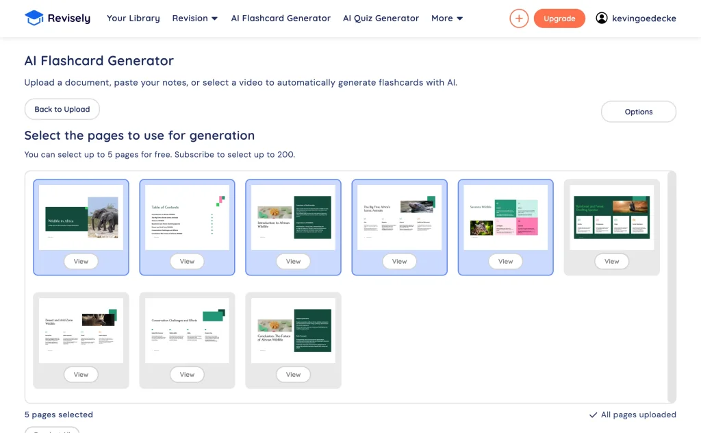 Selecting PDF pages in the Revisely AI flashcard generator