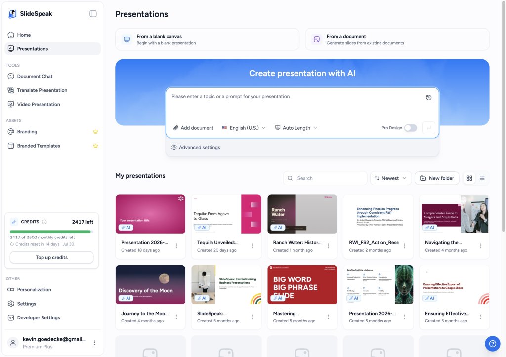 slidespeak create presentation with ai options