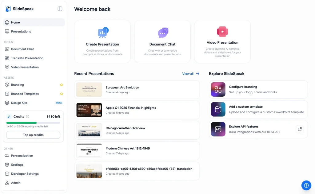 The SlideSpeak app dashboard