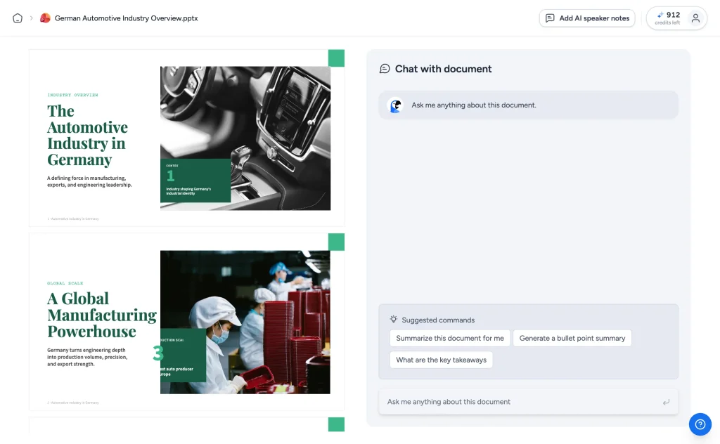 SlideSpeak document chat with suggested commands for summarizing a PowerPoint