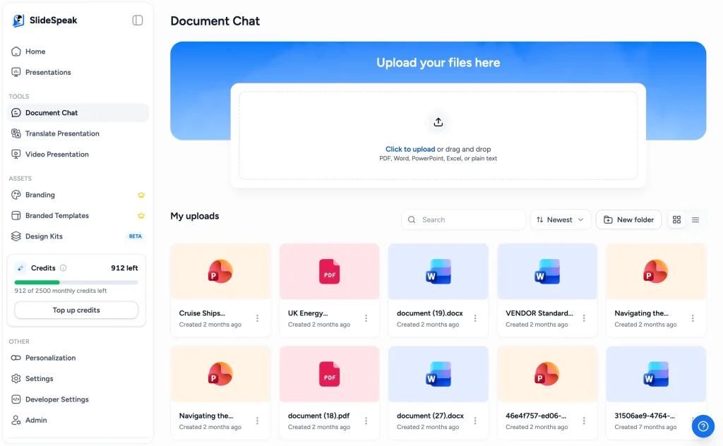 SlideSpeak Document Chat upload screen accepting PDF, Word, PowerPoint, Excel, or plain text