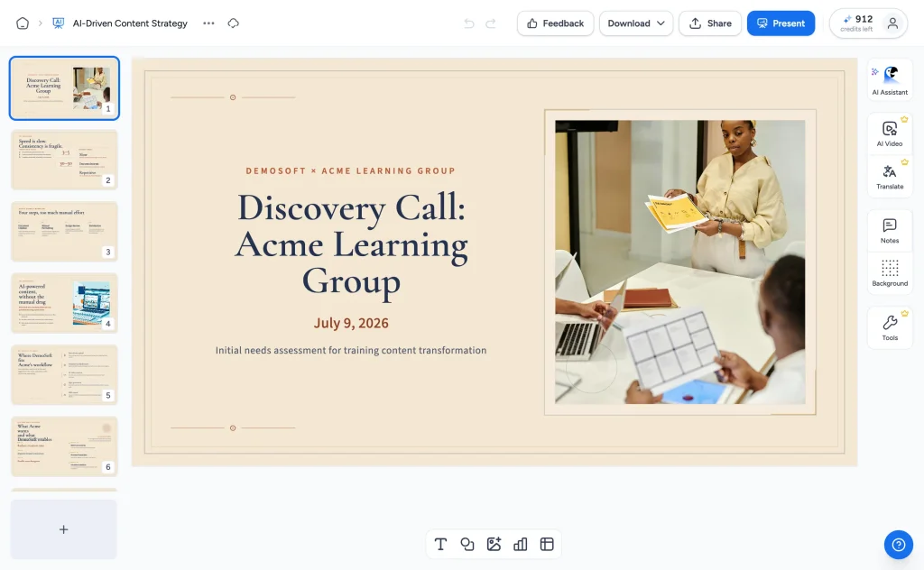 AI-generated sales follow-up deck for a discovery call in SlideSpeak