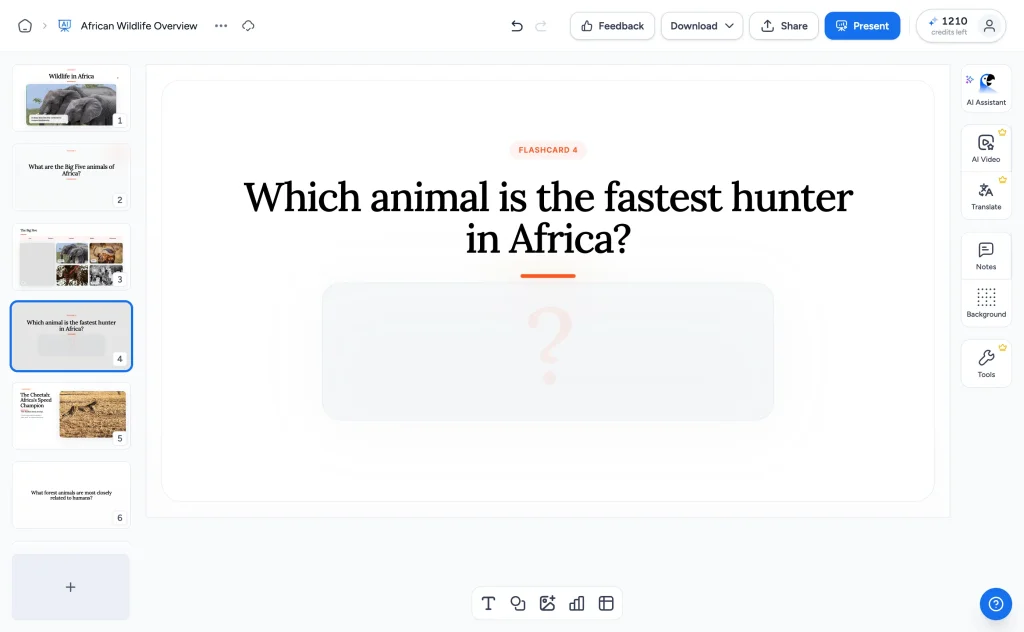 An AI-generated flashcard question slide in SlideSpeak