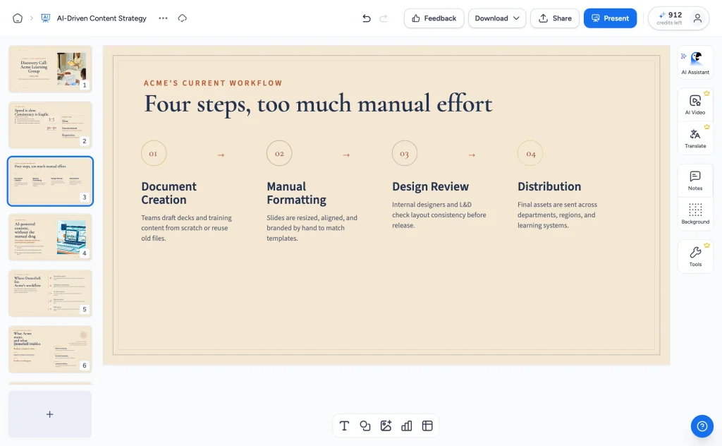 Follow-up presentation generated from meeting notes in the SlideSpeak editor