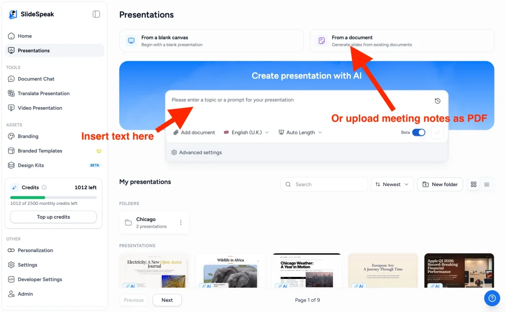 SlideSpeak dashboard showing where to paste meeting notes or upload them as a document