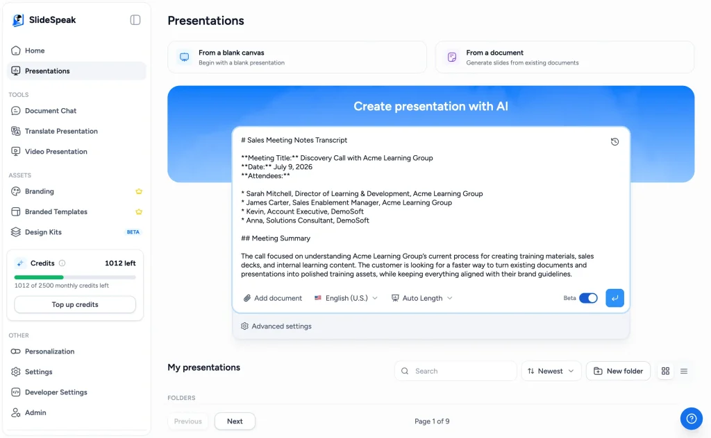 A sales call transcript pasted into SlideSpeak's presentation generator