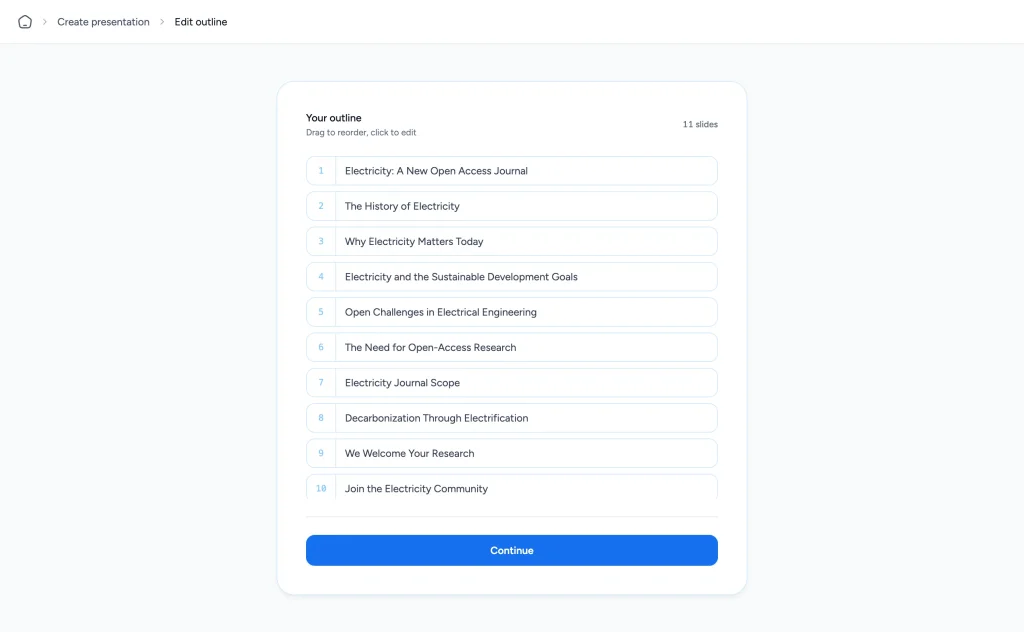 The editable presentation outline generated by SlideSpeak