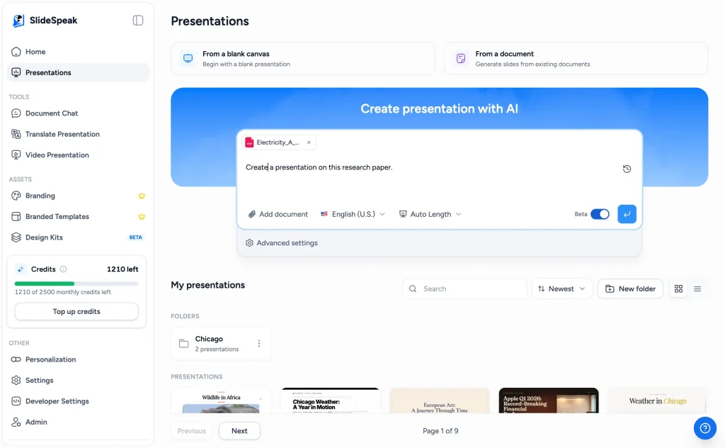 A research paper PDF attached in SlideSpeak with a prompt