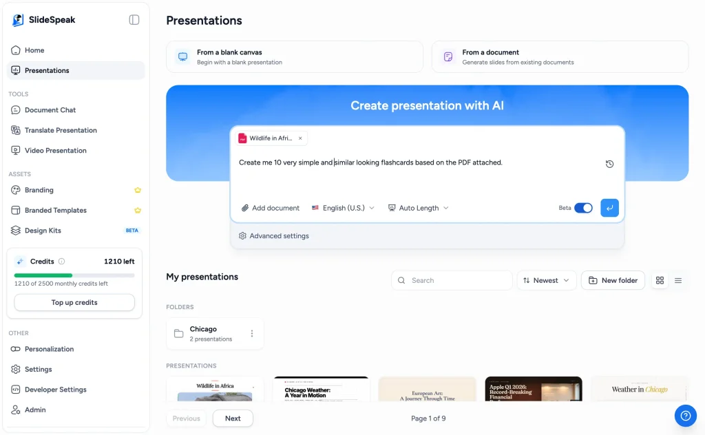 Creating flashcards in SlideSpeak by attaching a PDF and prompting the AI