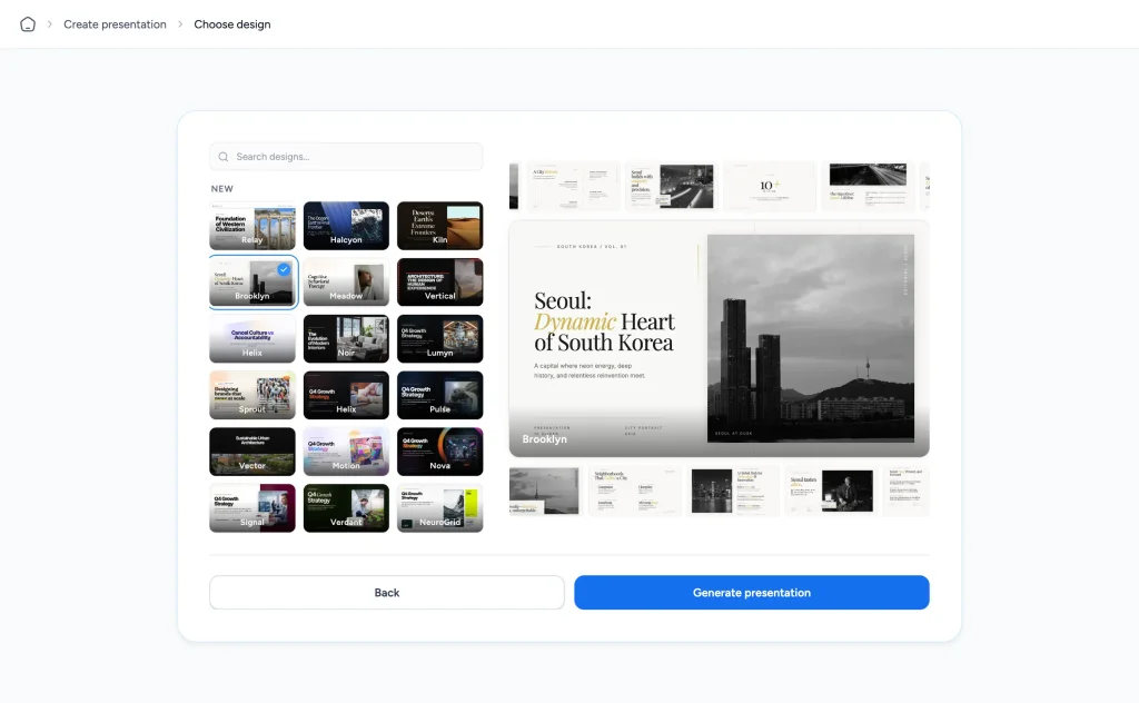 Selecting a presentation theme in SlideSpeak