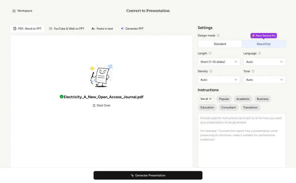 Upload and generation options in SlidesPilot