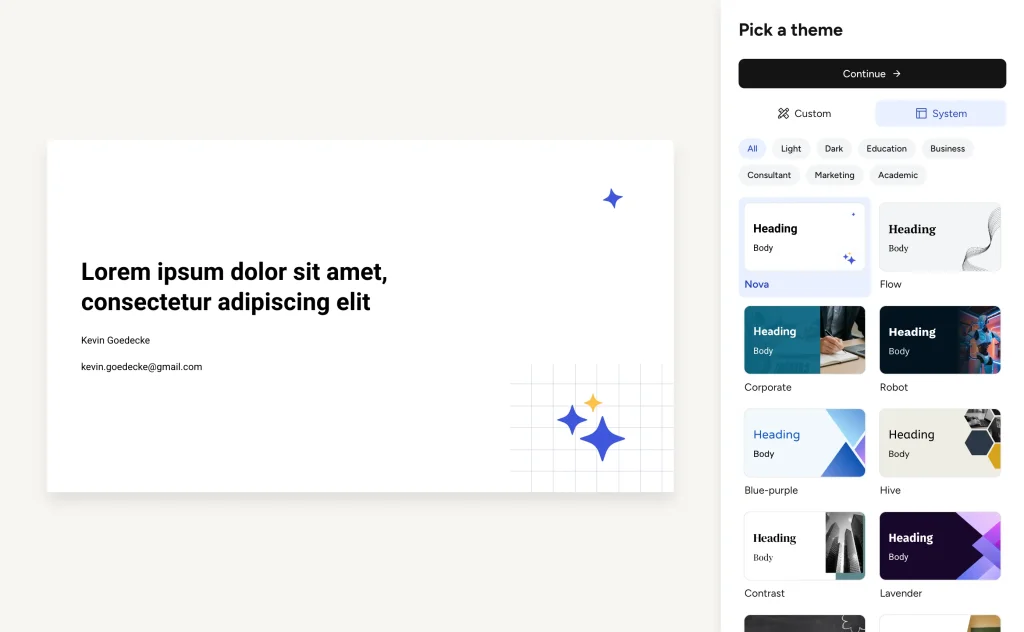 Selecting a presentation theme in SlidesPilot