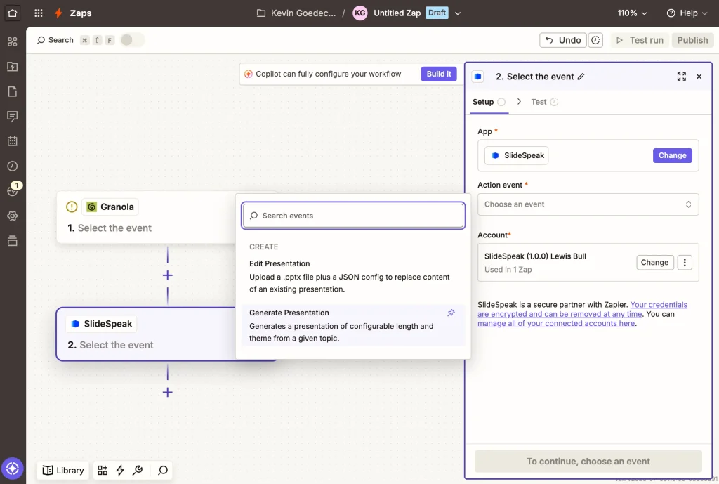 Choosing the SlideSpeak Generate Presentation action in Zapier