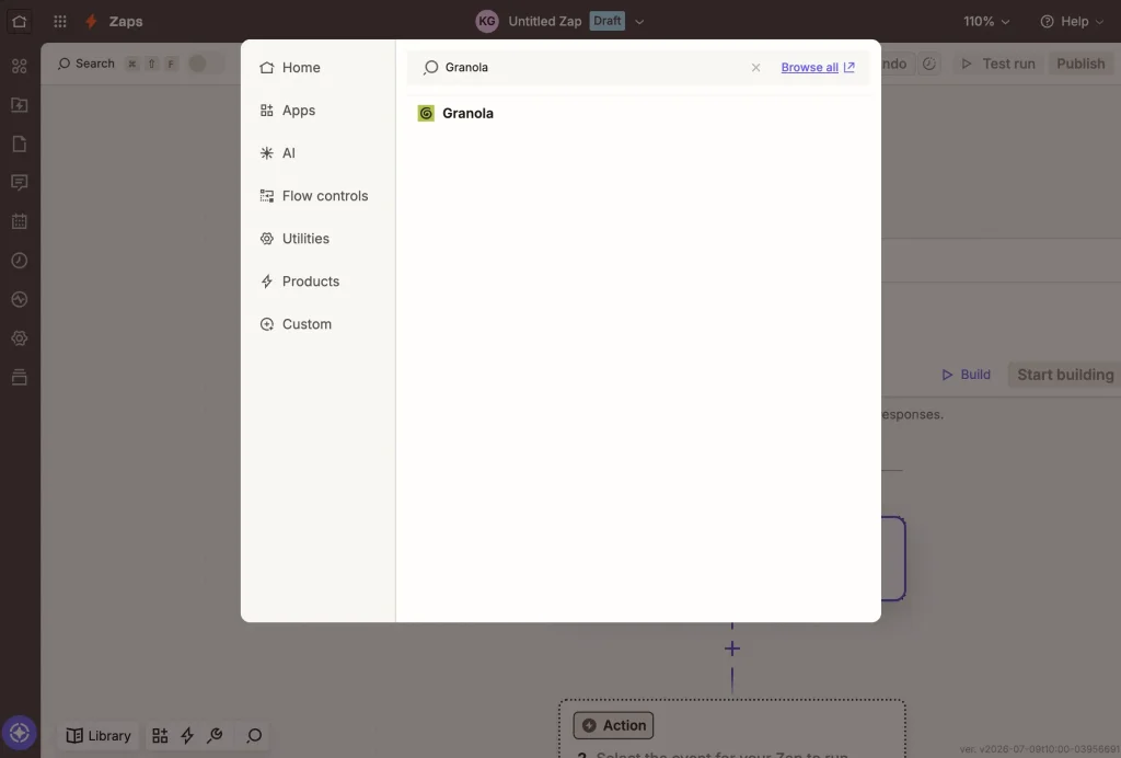 Selecting Granola as the Zap trigger in the Zapier editor
